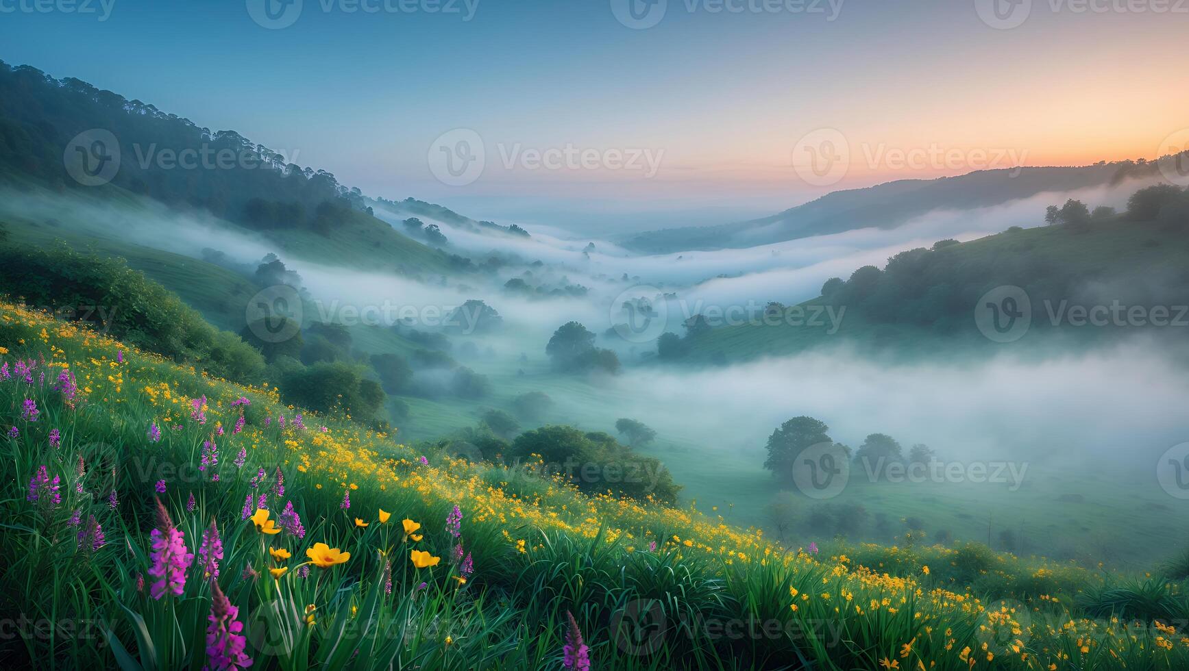 Fog Rolling Through Mountain Valley with Wildflowers at Early Morning photo
