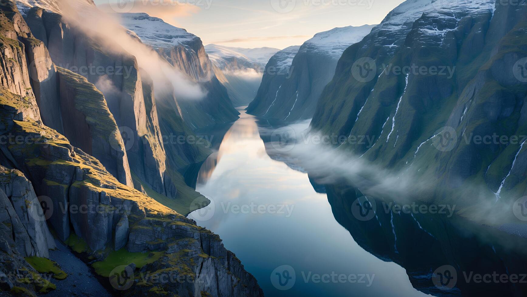 Reflective River Between Steep Cliffs with Fog and Snow Capped Mountains photo