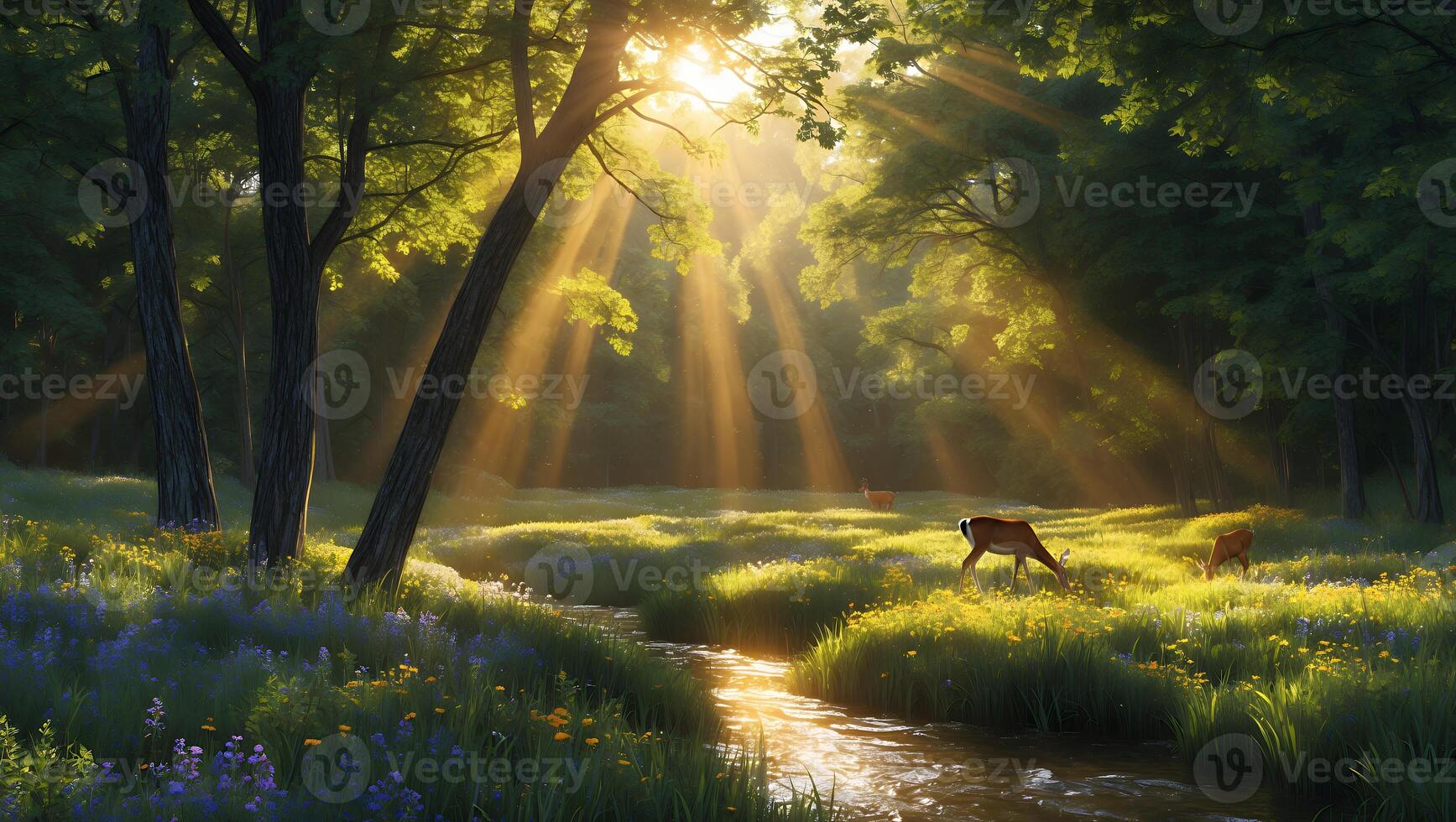 Deer Grazing in Sunlit Forest Meadow by Stream with Wildflowers photo