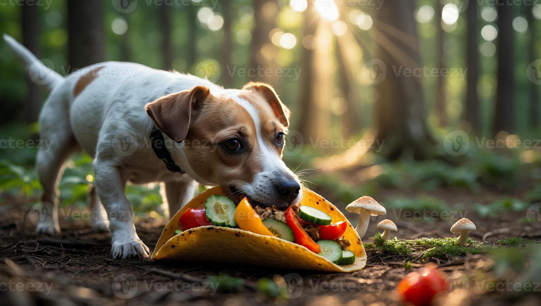 Dog Eating a Taco in Forest with Sunlight Shining Through Trees photo