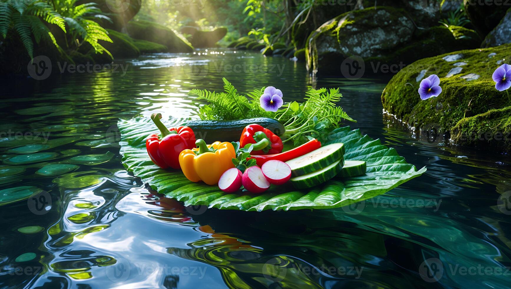 Floating Vegetables on Leaf in Calm Stream with Sunlight photo