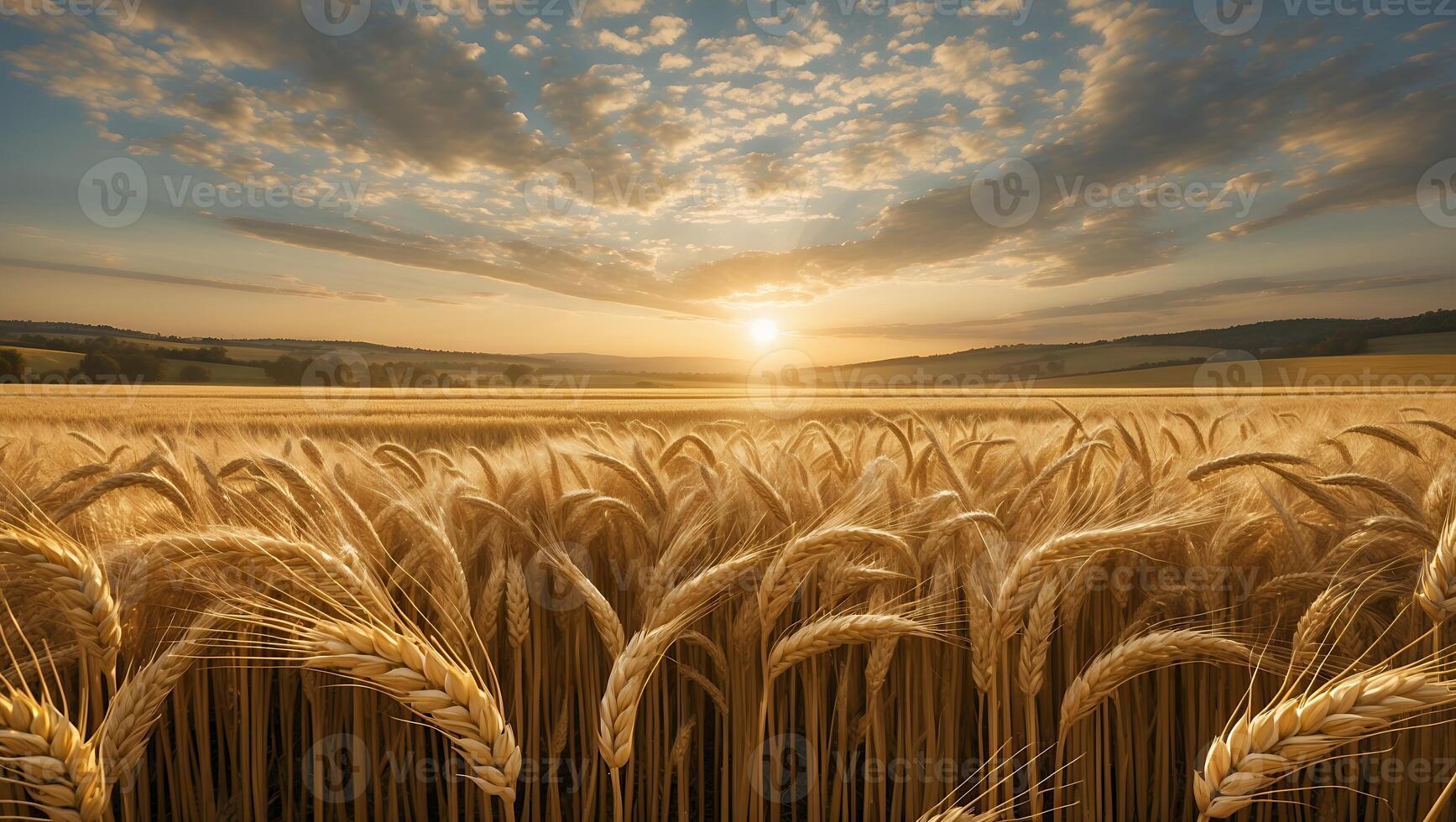 Golden Wheat Field at Sunset with Warm Light and Cloudy Sky photo