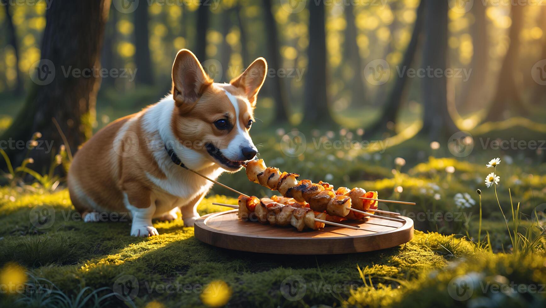 Dog Eating Skewer with Grilled Meat in Forest Glade photo