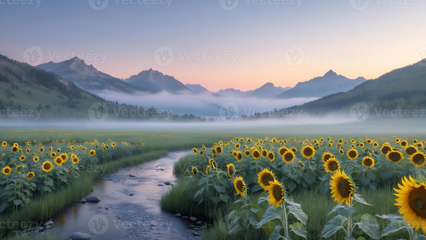 Sunflowers Blooming Along River with Mountains and Foggy Background photo