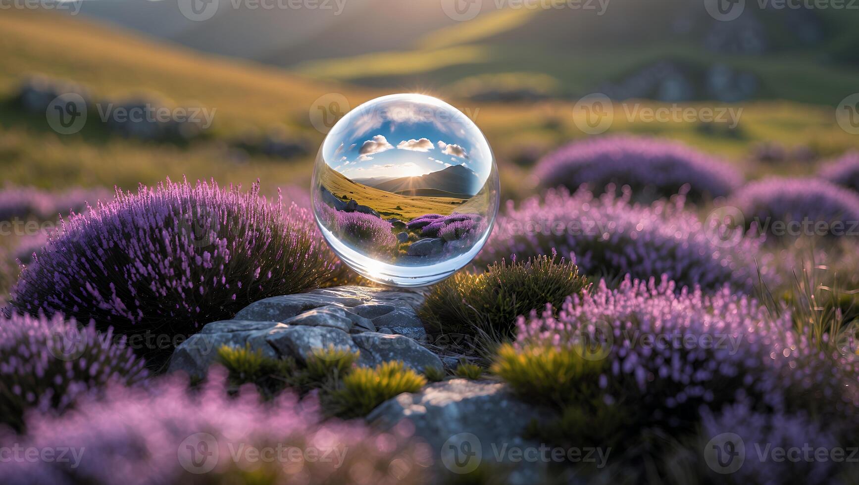Crystal Ball Reflecting Sunset Landscape Over Lavender Flowers Field photo