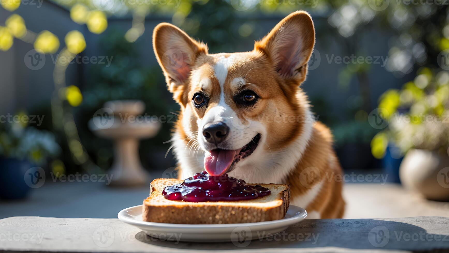 Dog Enjoying Toast with Jam in Garden Setting Happy Canine photo