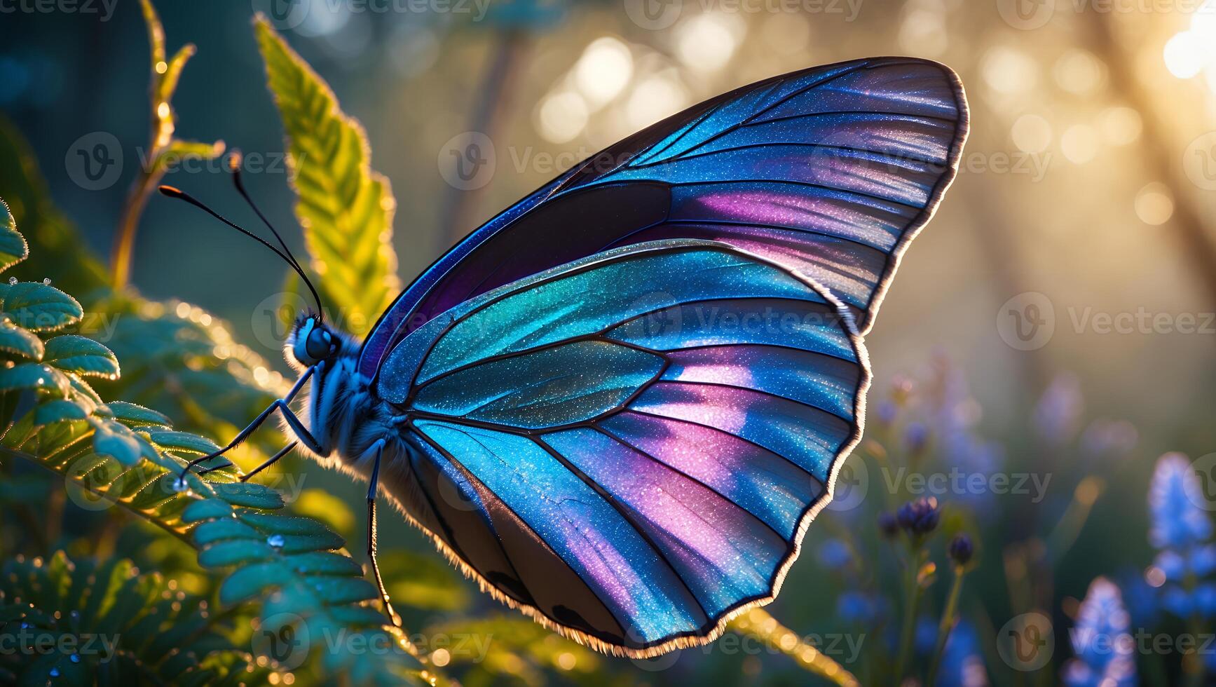 Colorful Butterfly Resting on Green Leaf in a Sunny Garden photo