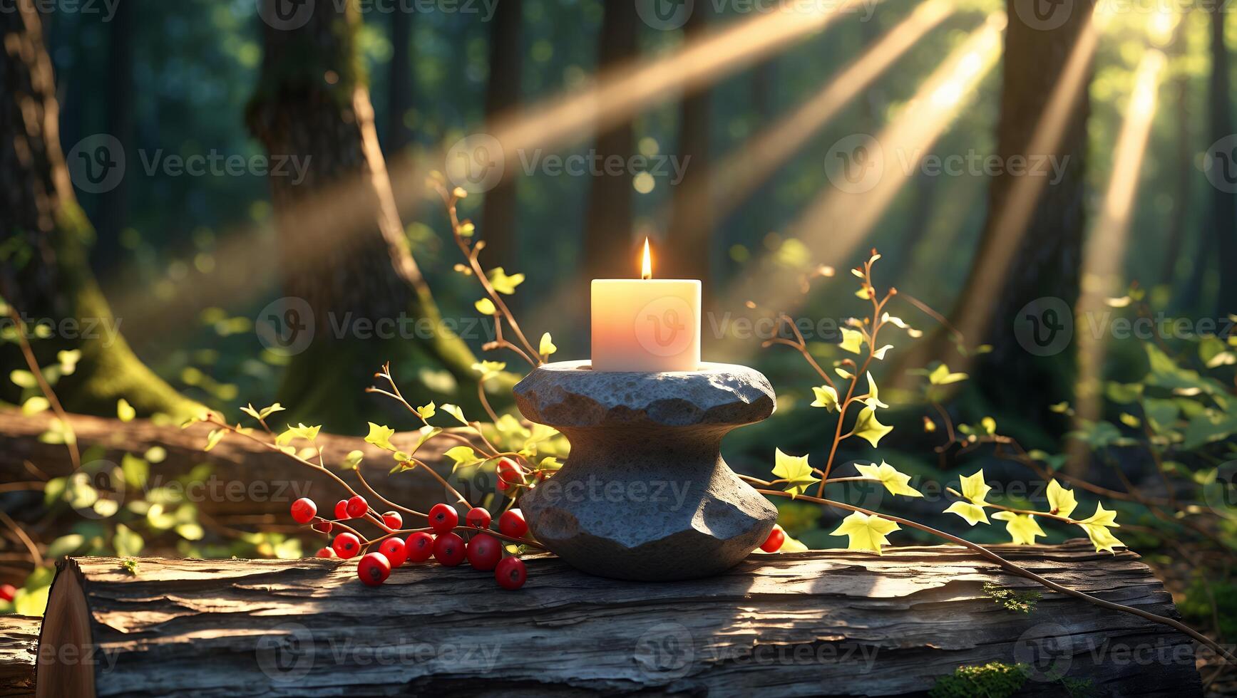 Burning Candle on Rock Stand with Forest Sunlight and Berries photo