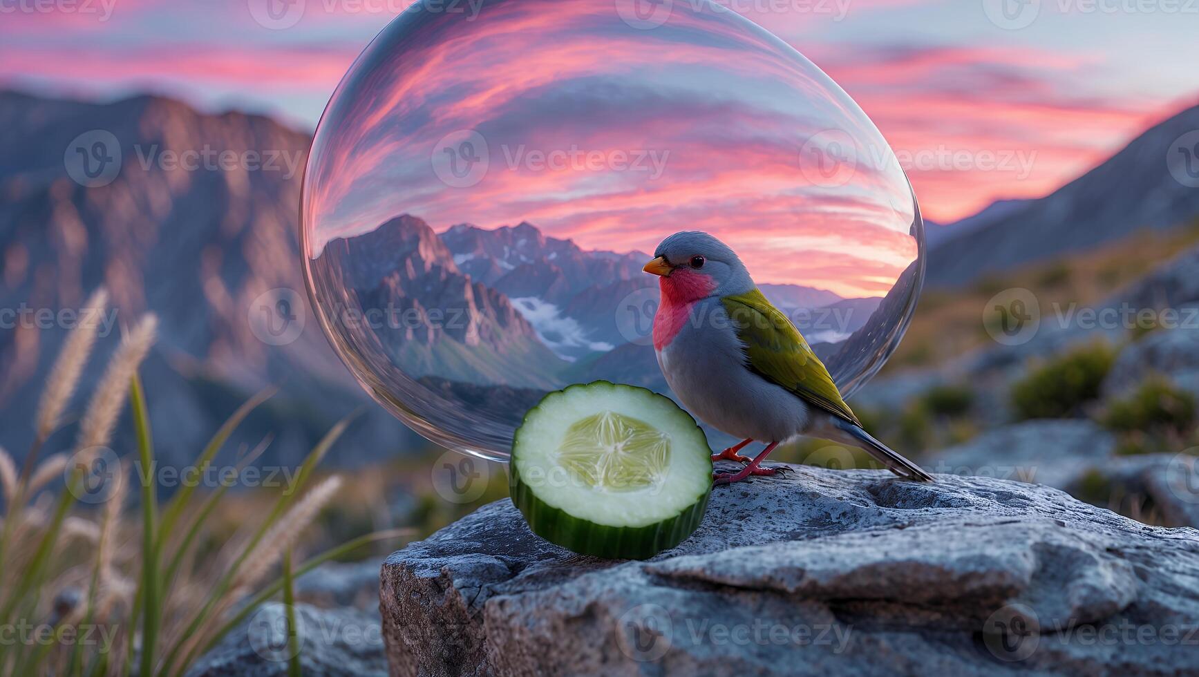 Bird with Cucumber on Rock Overlooking Mountain Sunset Reflected in Sphere photo