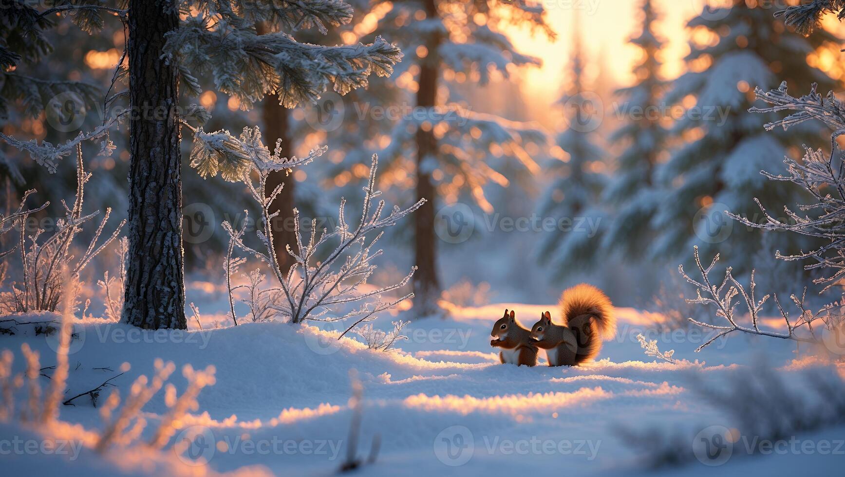 Squirrels Sitting in Snowy Winter Forest with Golden Sunset Light photo