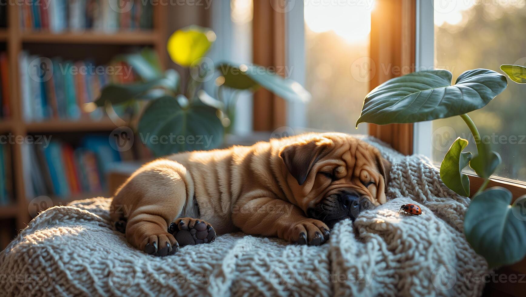 Sleeping Puppy on Knitted Blanket by Window with Morning Light photo