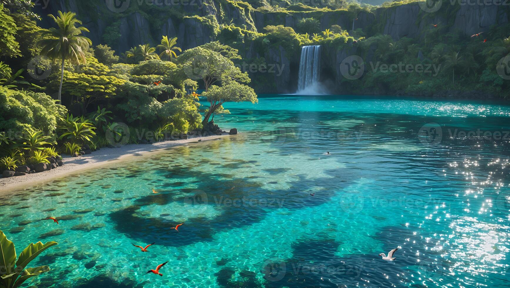 Tropical Waterfall Scene with Clear Turquoise Water and Lush Vegetation photo