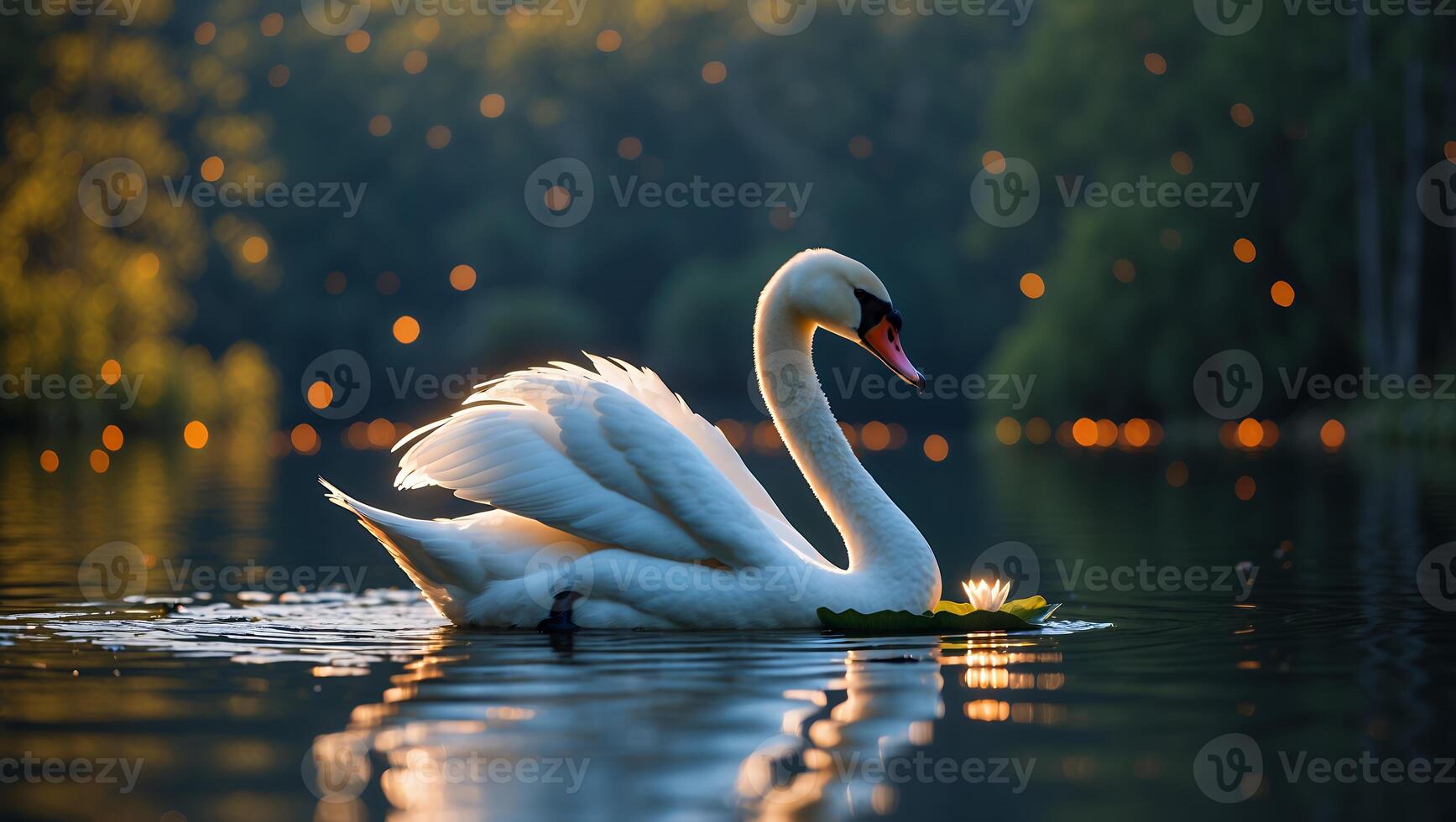 Swan Swimmimg in Calm Lake Water with Lily Pad and Glowing Light photo