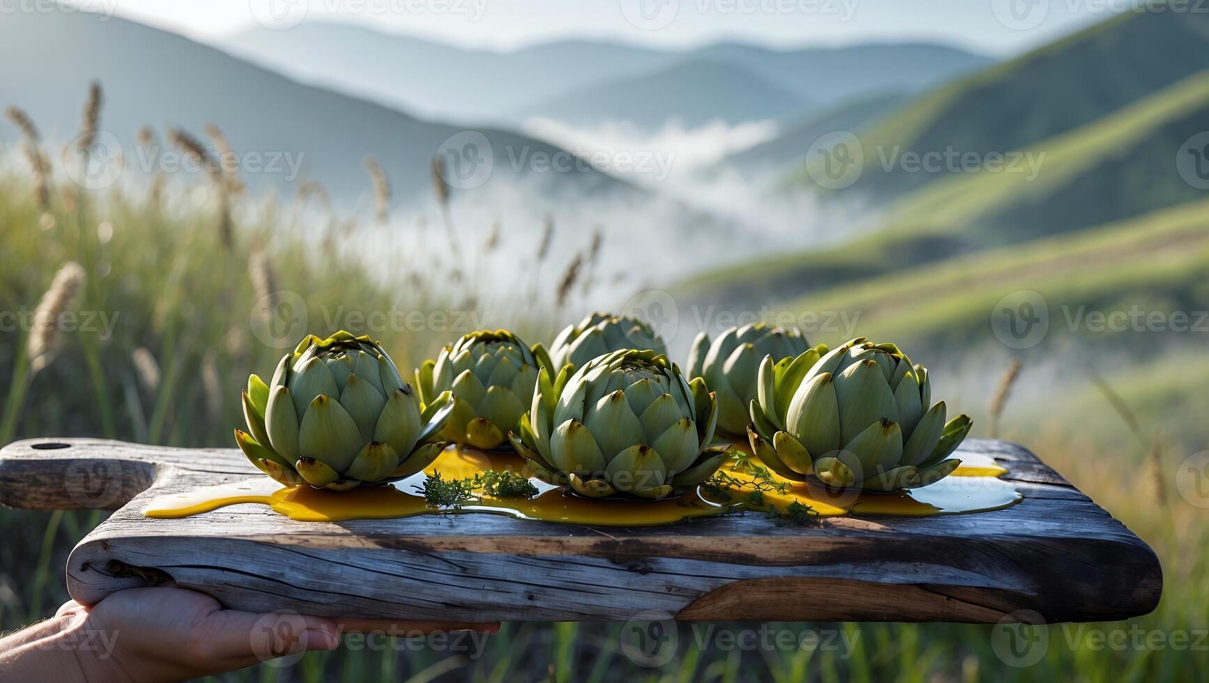 Artichokes on Wooden Board Held in Hand with Mountain Backdrop photo