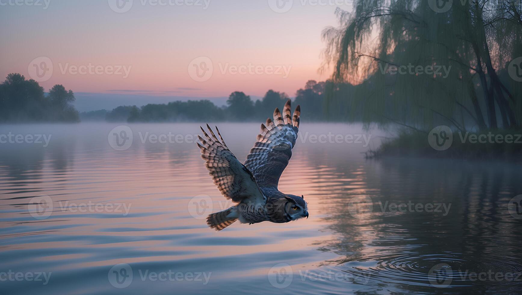 Owl Flying Over Calm Lake Surface at Dawn with Soft Light photo