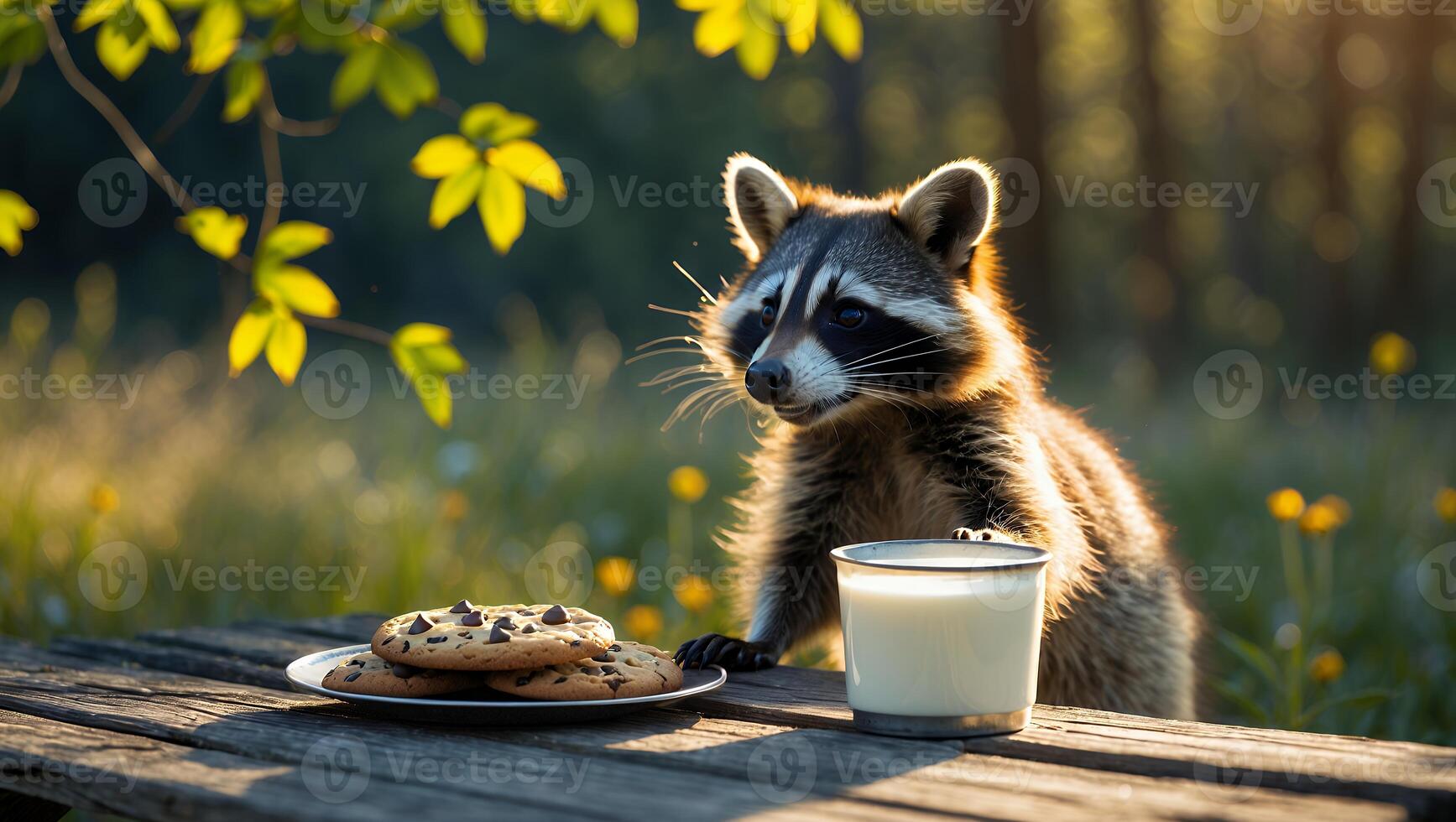 Raccoon Enjoying Cookies and Milk on a Wooden Picnic Table photo