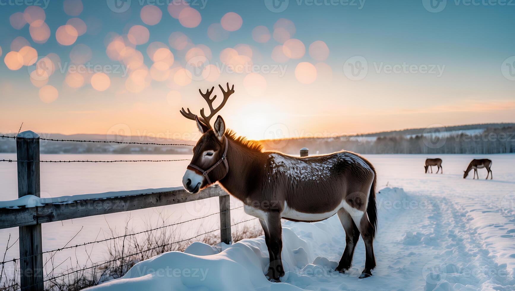 Donkey with Antlers Standing in Snowy Field at Sunrise photo