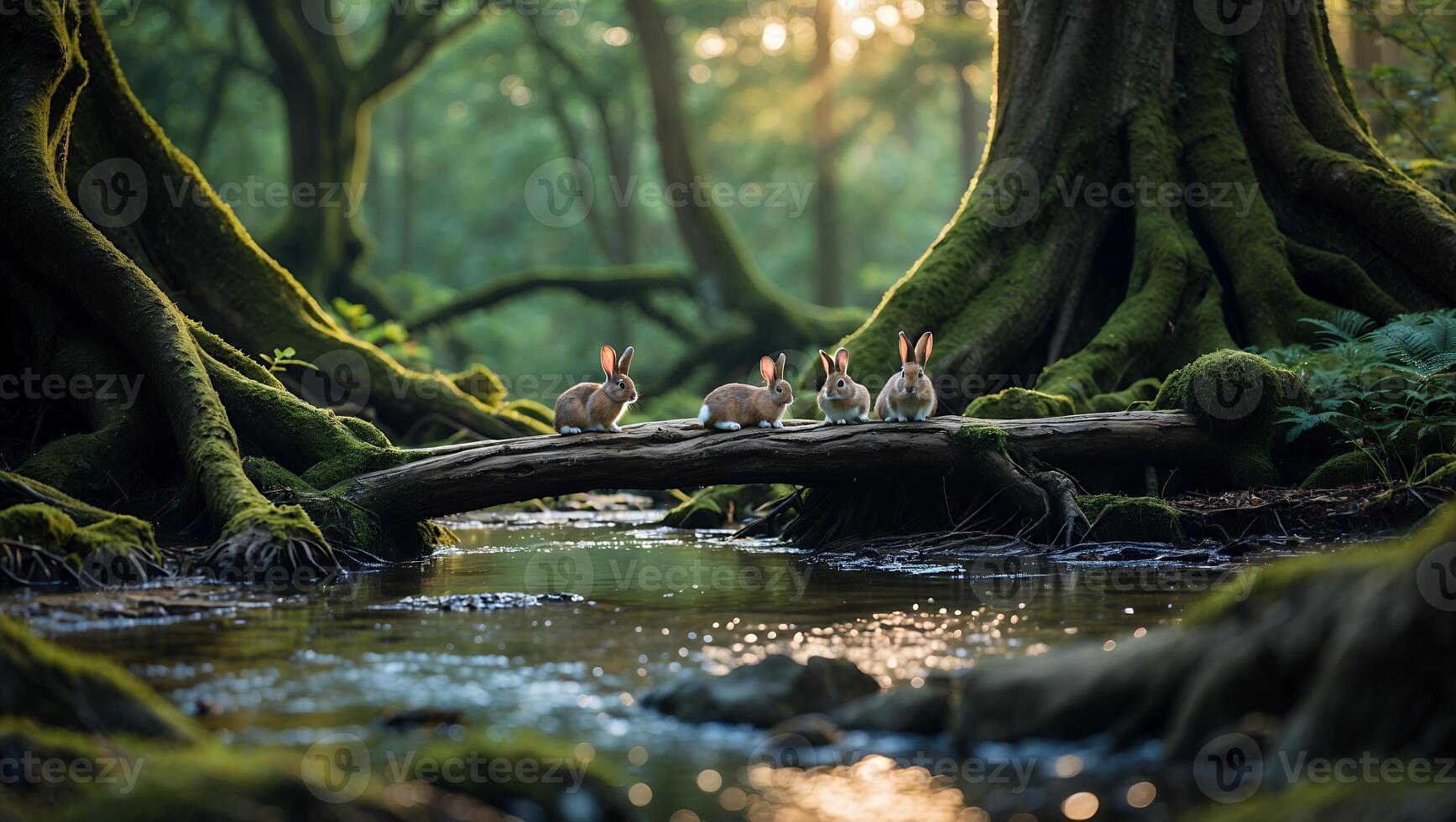 Rabbits Crossing Stream on Fallen Log in Enchanted Forest photo