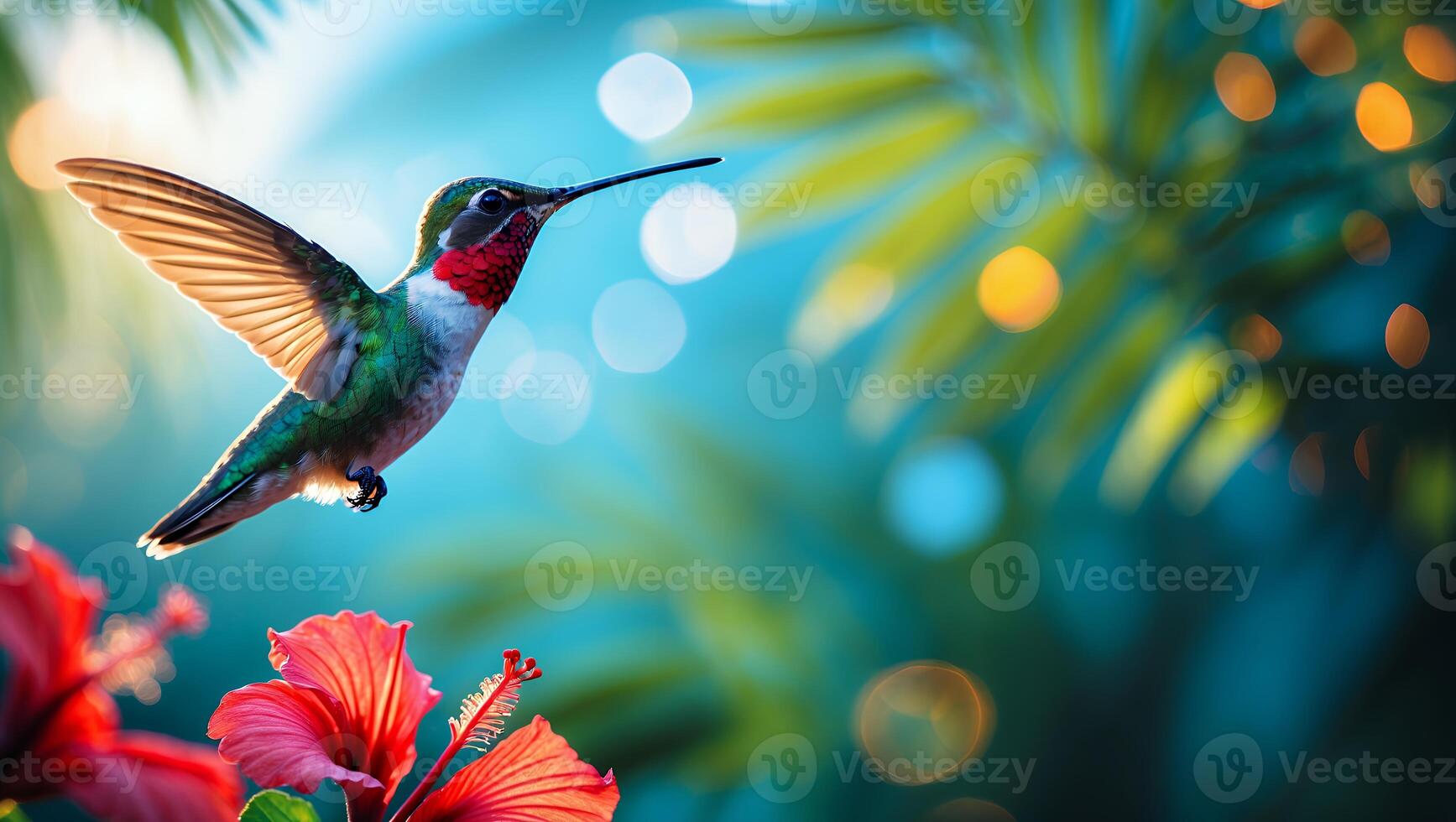 Hummingbird Hovering Near Red Flower with Soft Light and Bokeh photo