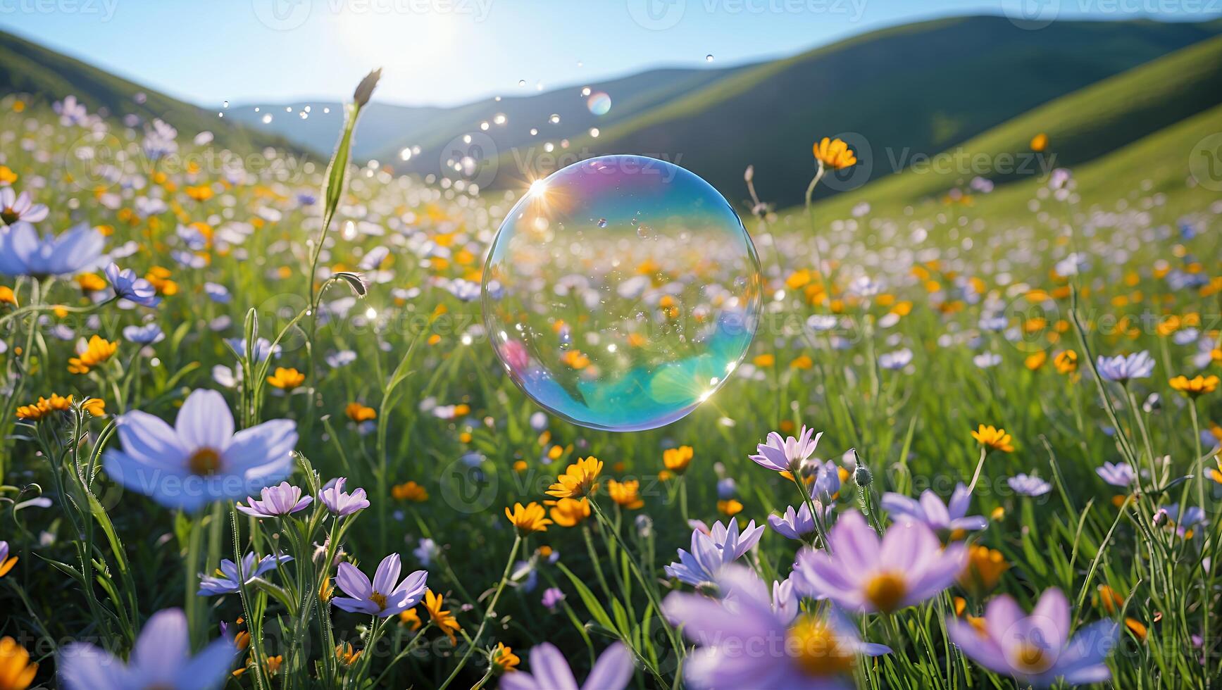 Soap Bubble Floating in Wildflower Meadow with Sunlight and Green Hills photo