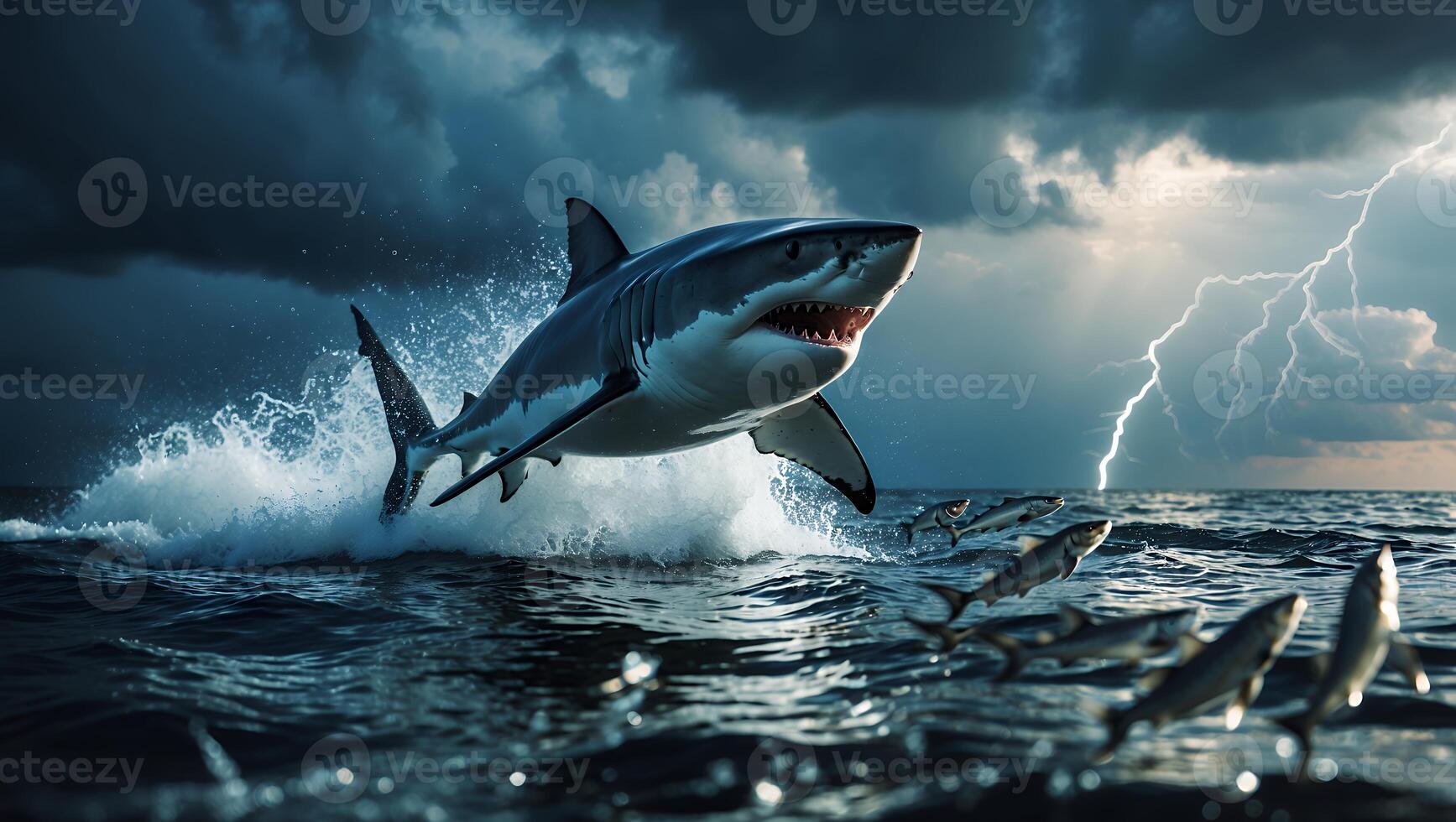 Great White Shark Breaching Water with Lightning Storm Background Scenery photo