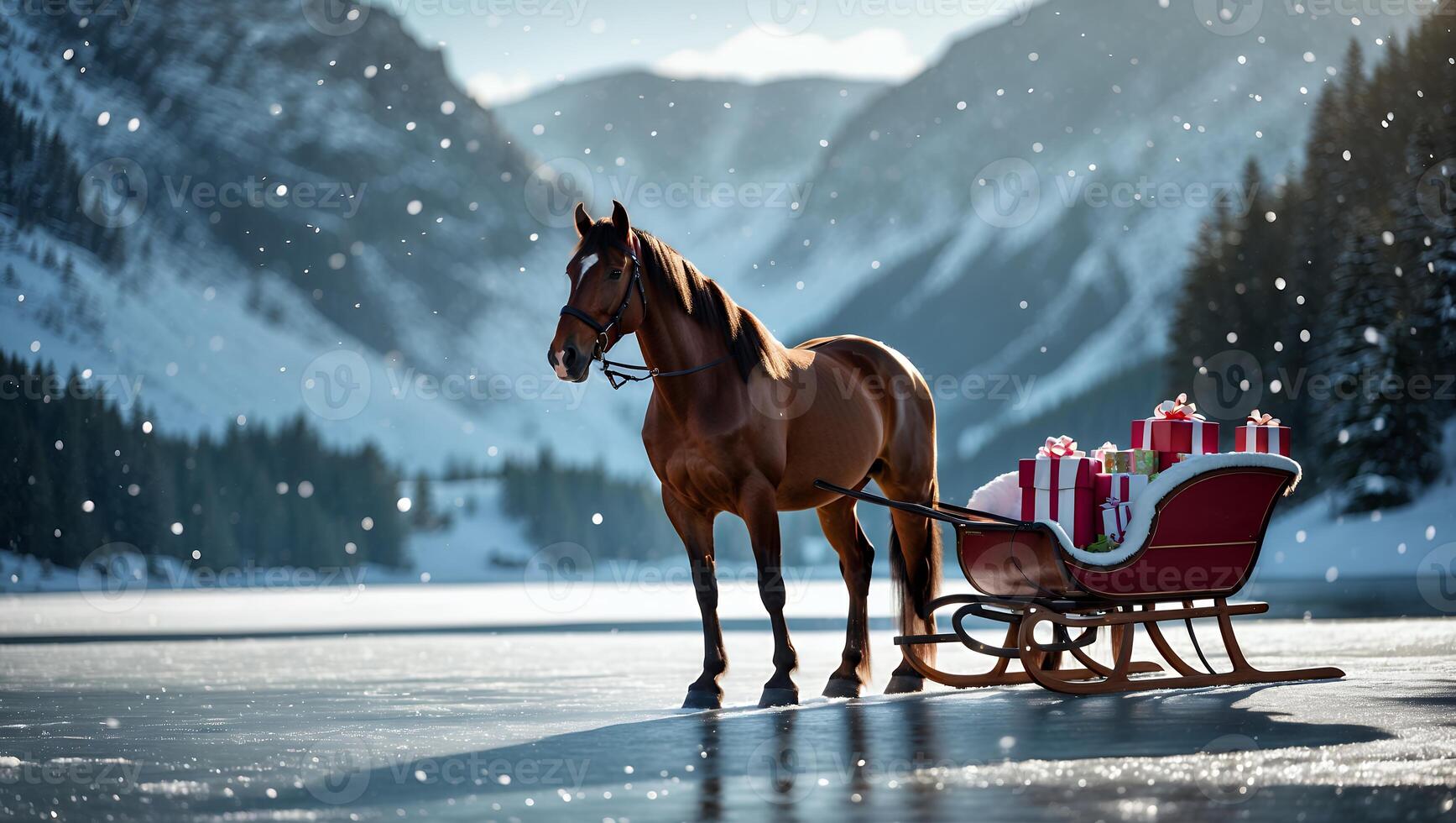 Horse Pulling Sleigh with Gifts on Frozen Lake in Winter Scene photo