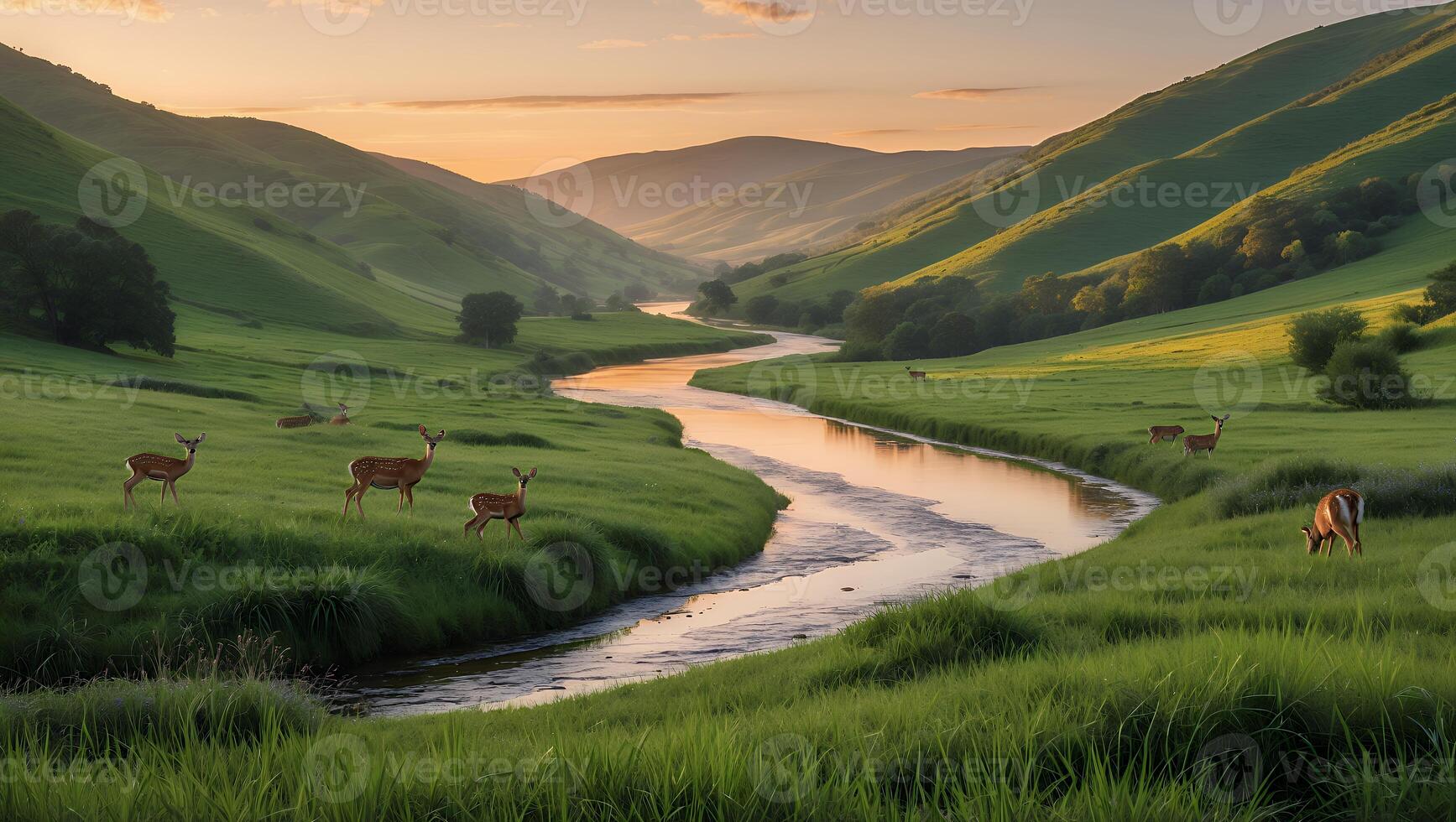 Deer Grazing in Green Valley with River at Scenic Sunset photo