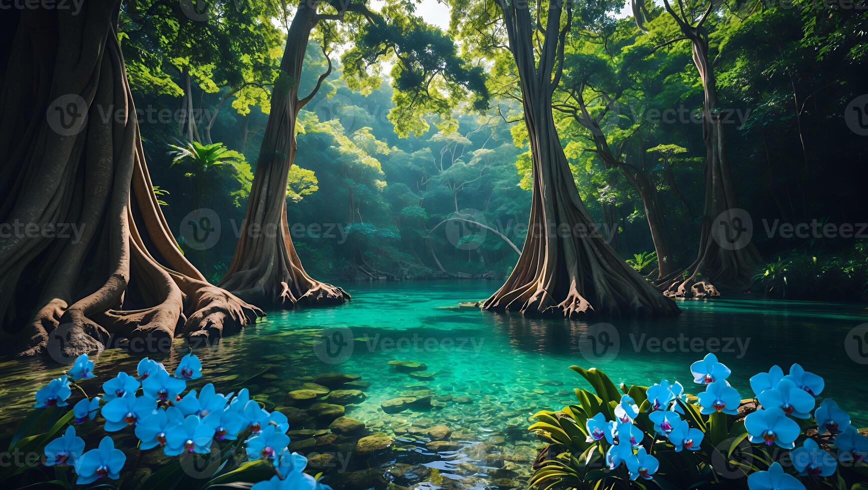 Scenic Tranquil River Flowing Through a Lush Green Forest Landscape photo