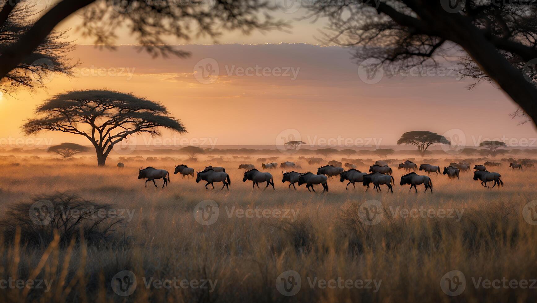 Wildebeest Migration Across African Savannah at Sunrise with Golden Light photo