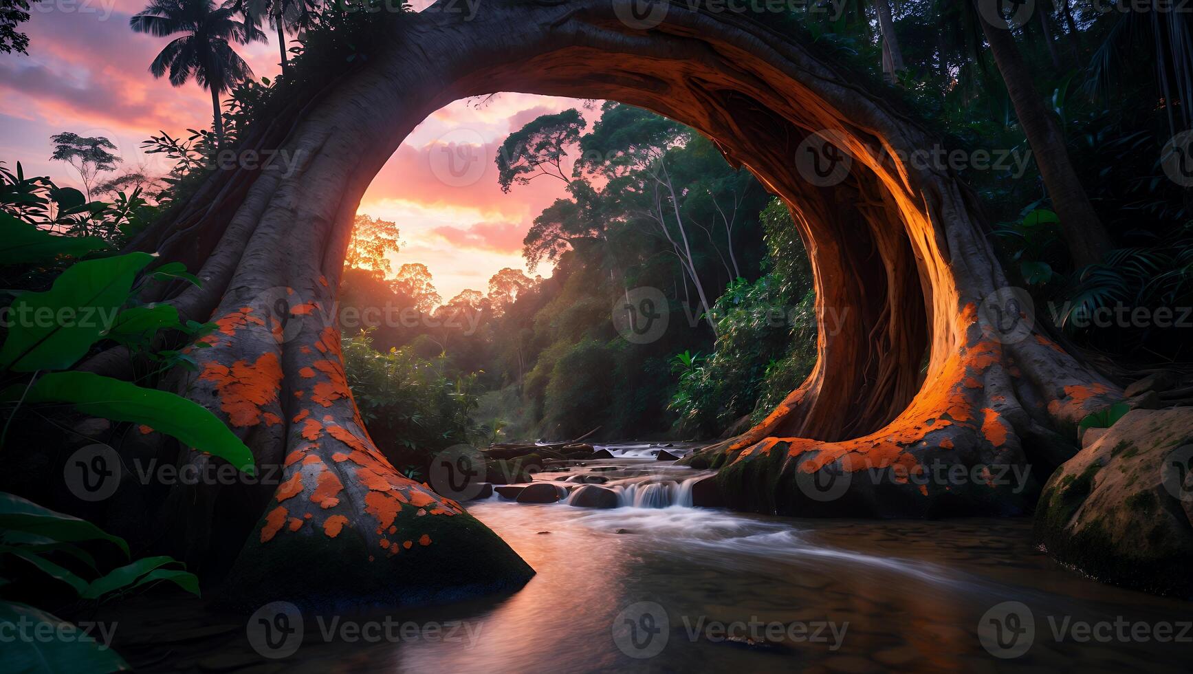 River Flowing Under Natural Tree Archway in Lush Tropical Setting photo