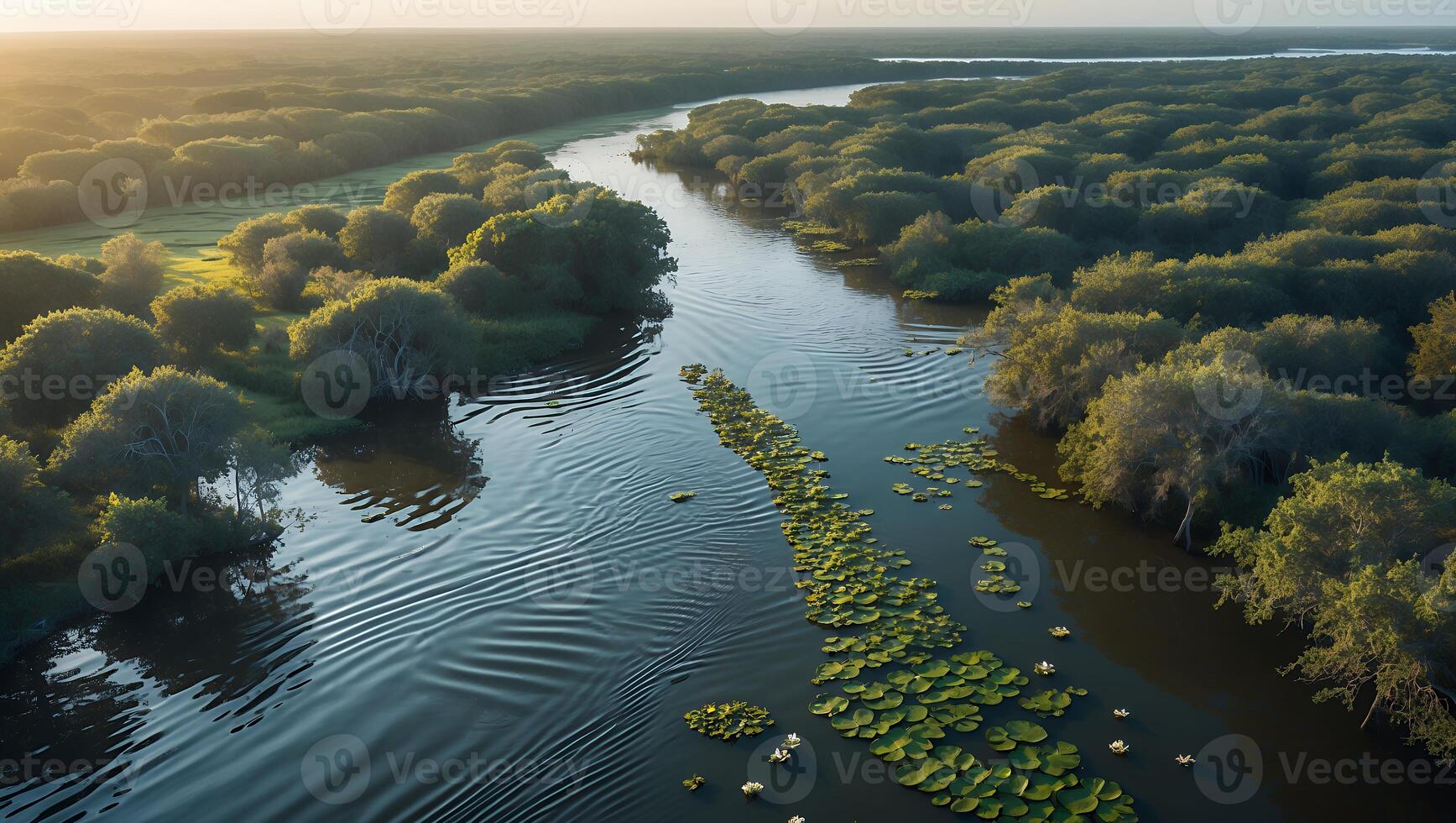Aerial View of River Flowing Through Forest with Lily Pads photo