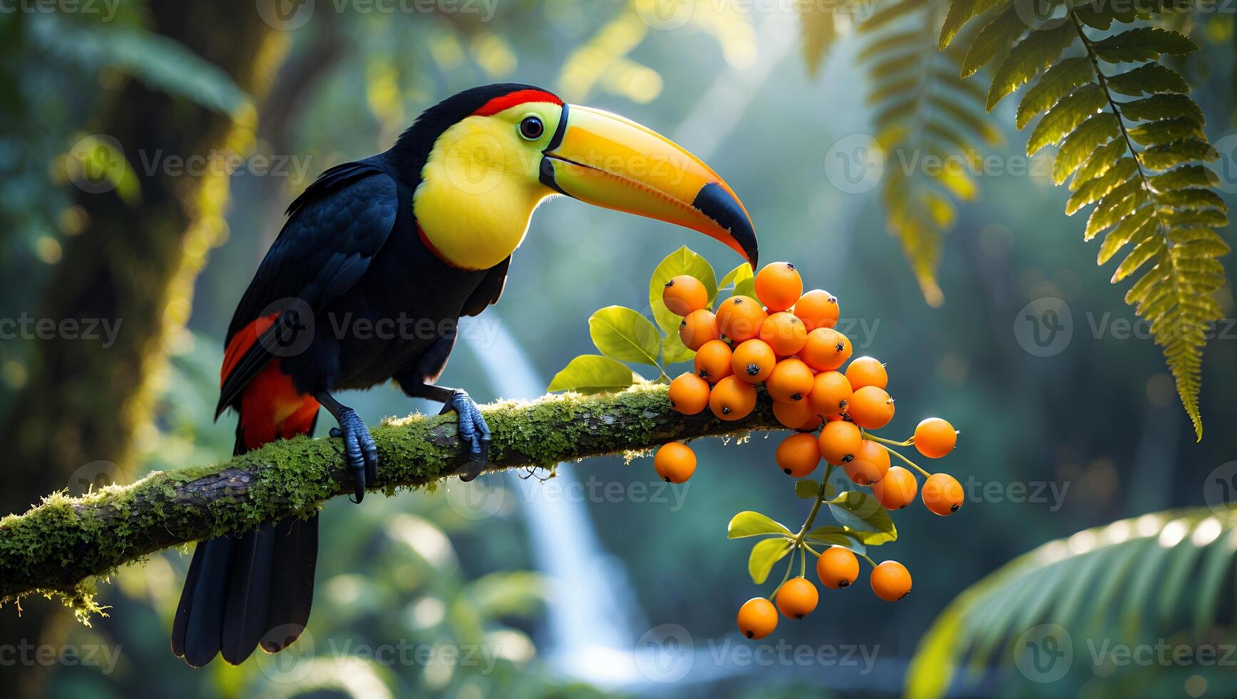Toucan Bird Perched on Branch with Berries in Lush Rainforest photo