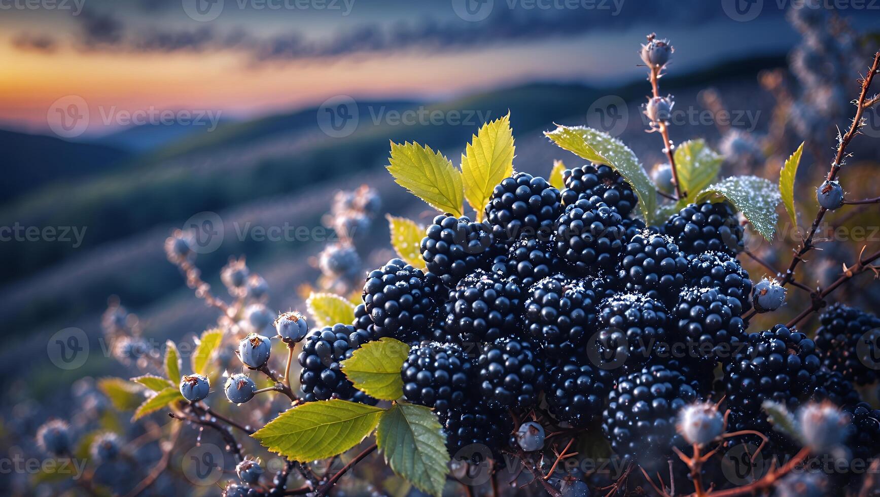 Blackberries Growing on Hillside at Sunset with Green Leaves photo