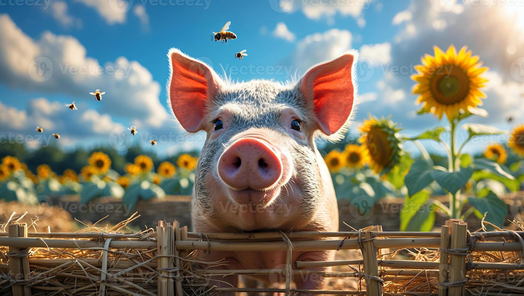 Pig Looking Over Fence in Sunflower Field with Flying Bees photo