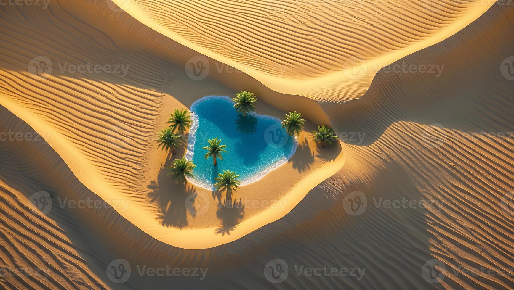 Aerial View of Desert Oasis with Palm Trees and Sandy Dunes photo