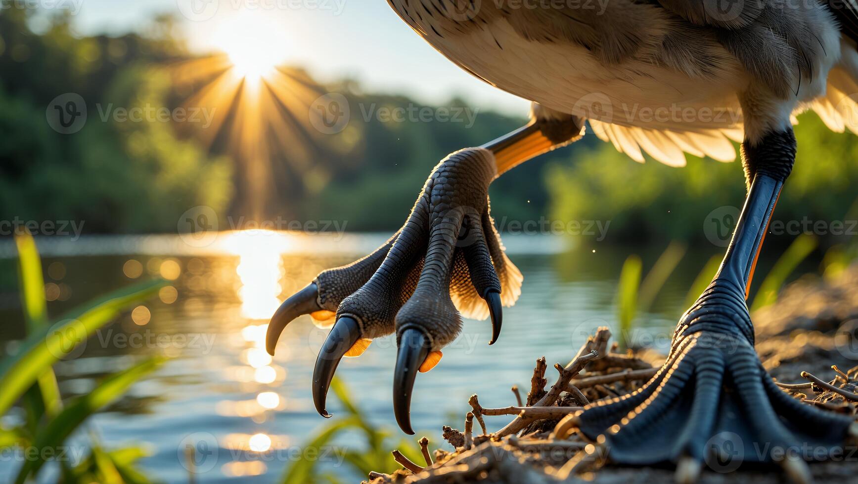 Bird Talons Close-up on Nest at Sunrise Near Water Scenery photo