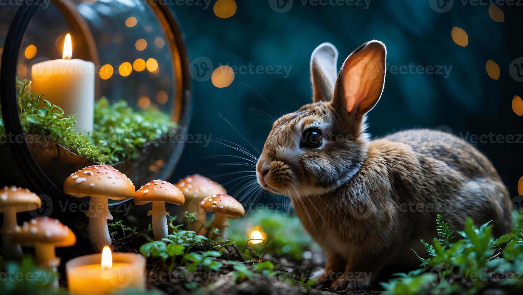 Rabbit Sitting Near Candles and Mushrooms in a Forest Scene photo