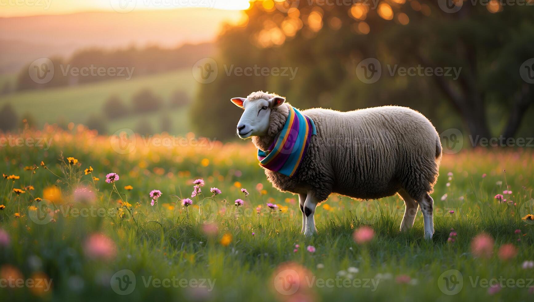 Sheep Grazing in Meadow Wearing Colorful Scarf During Golden Hour photo