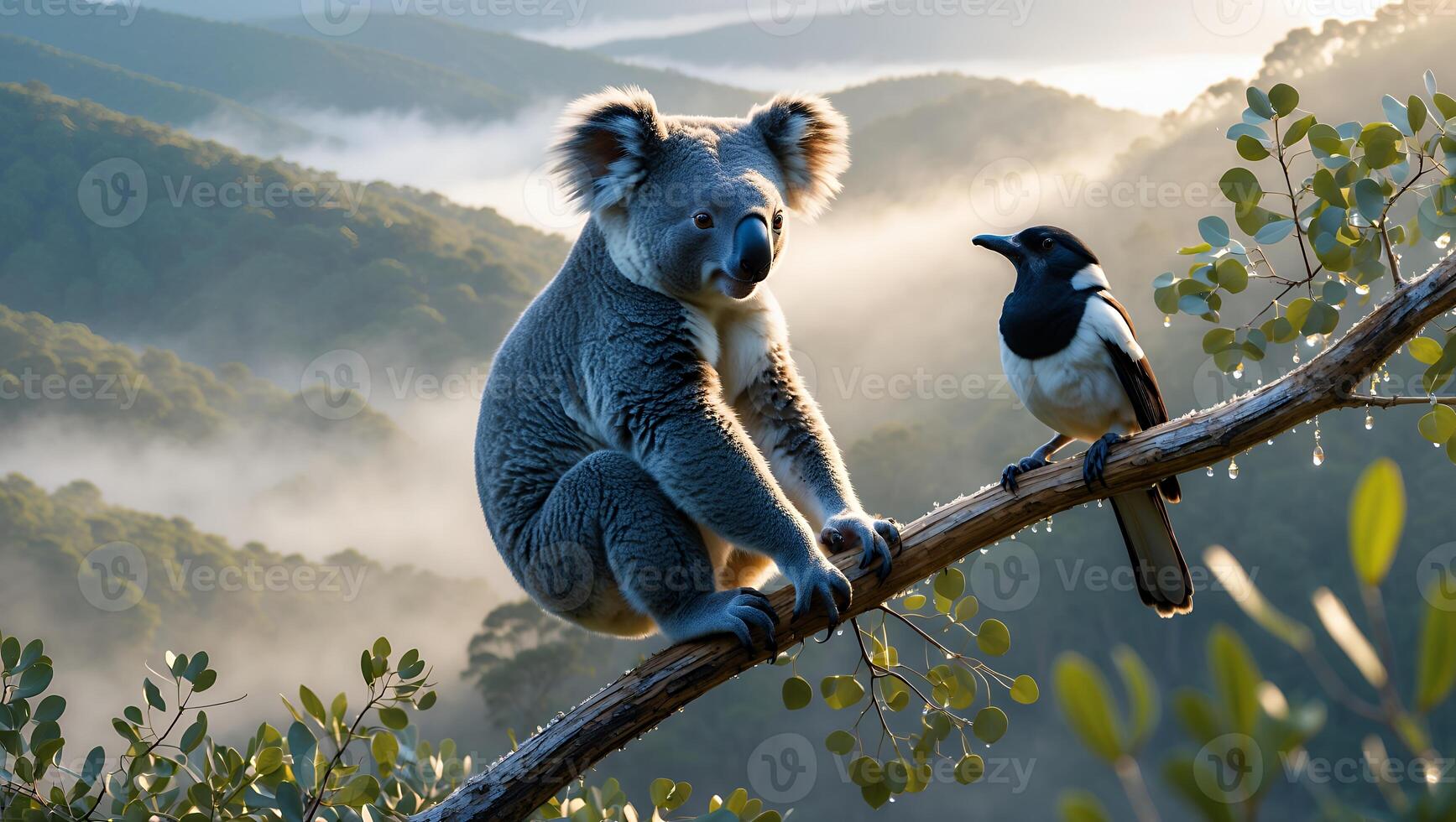 Koala and Bird Perched Together on Branch with Mountain Backdrop photo