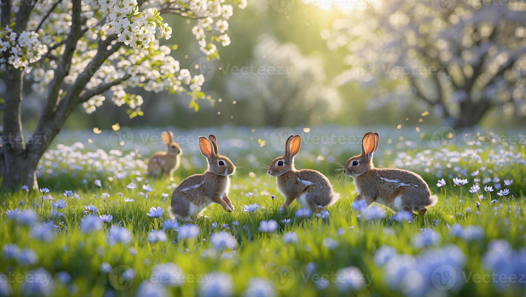 Rabbits Playing in a Flower Meadow with Blooming Trees at Springtime photo