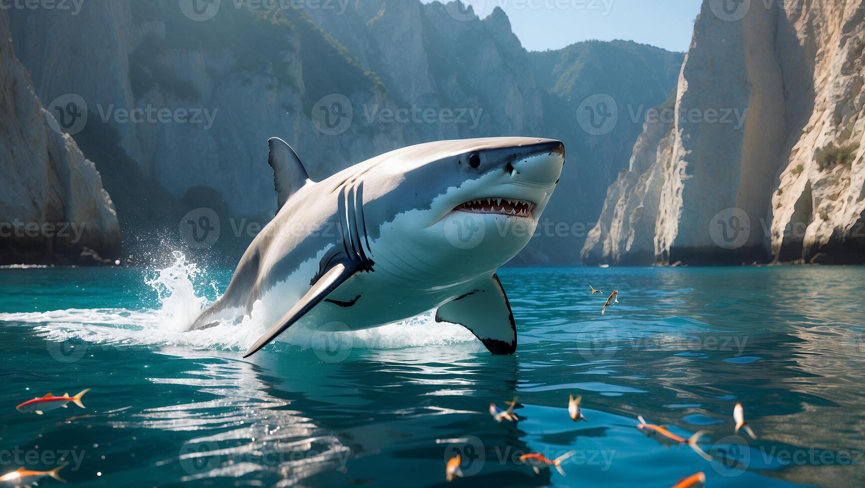 Great White Shark Breaching Water in Ocean with Cliffs Scenery photo