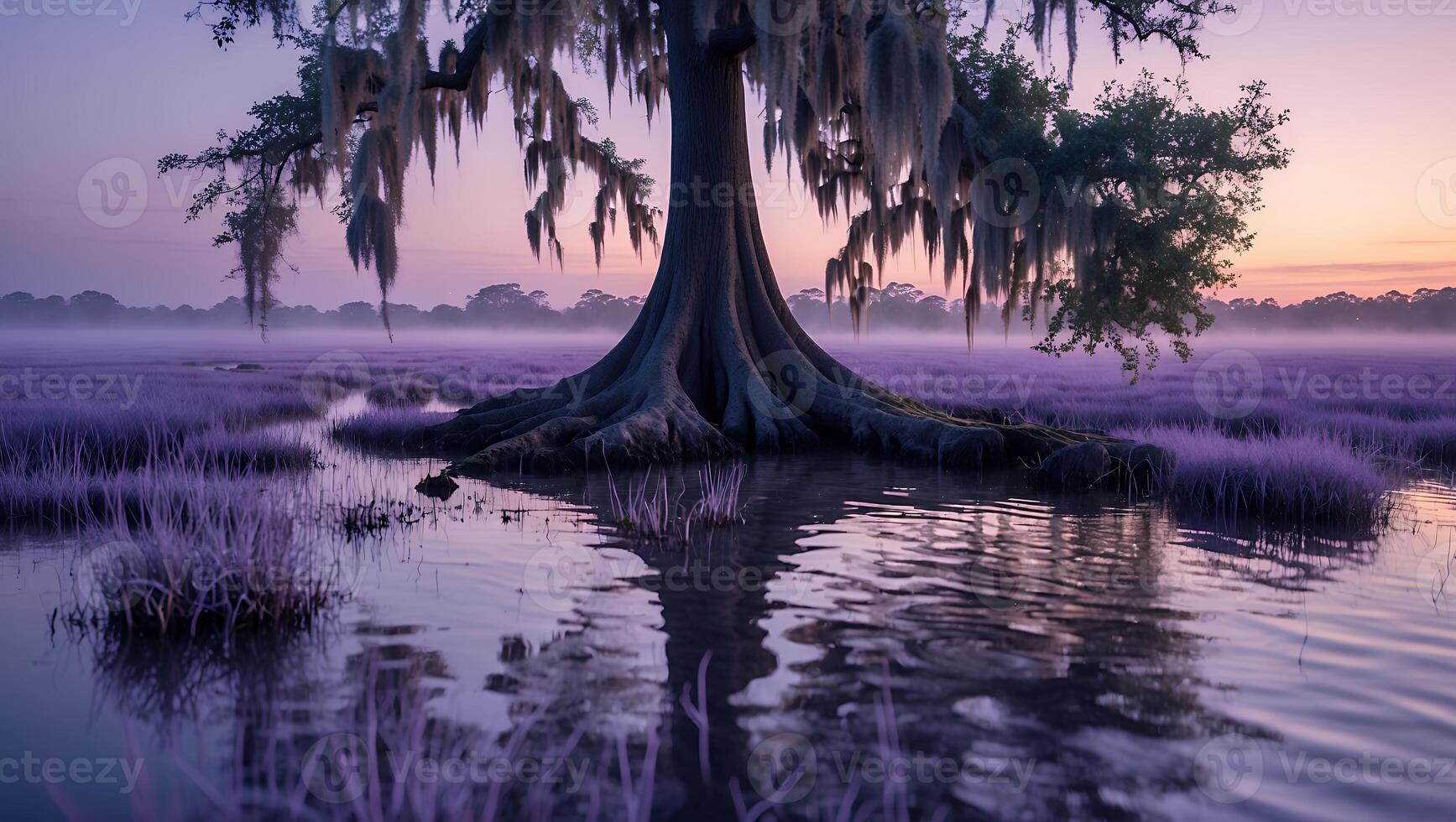 Solitary Swamp Tree Reflecting in Calm Water at Dusk photo