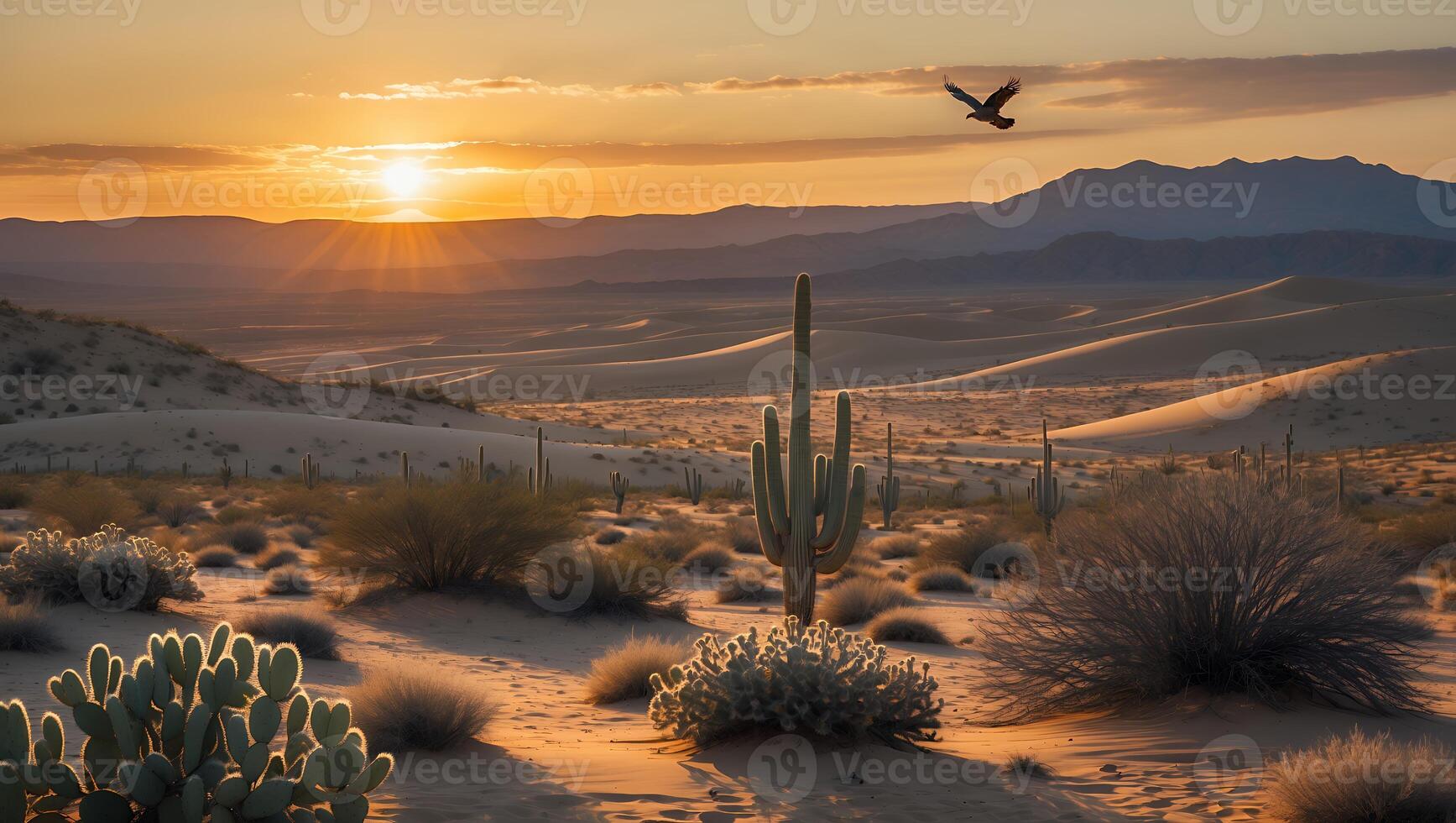 Desert Landscape with Cacti at Sunset and Bird Flying Above photo
