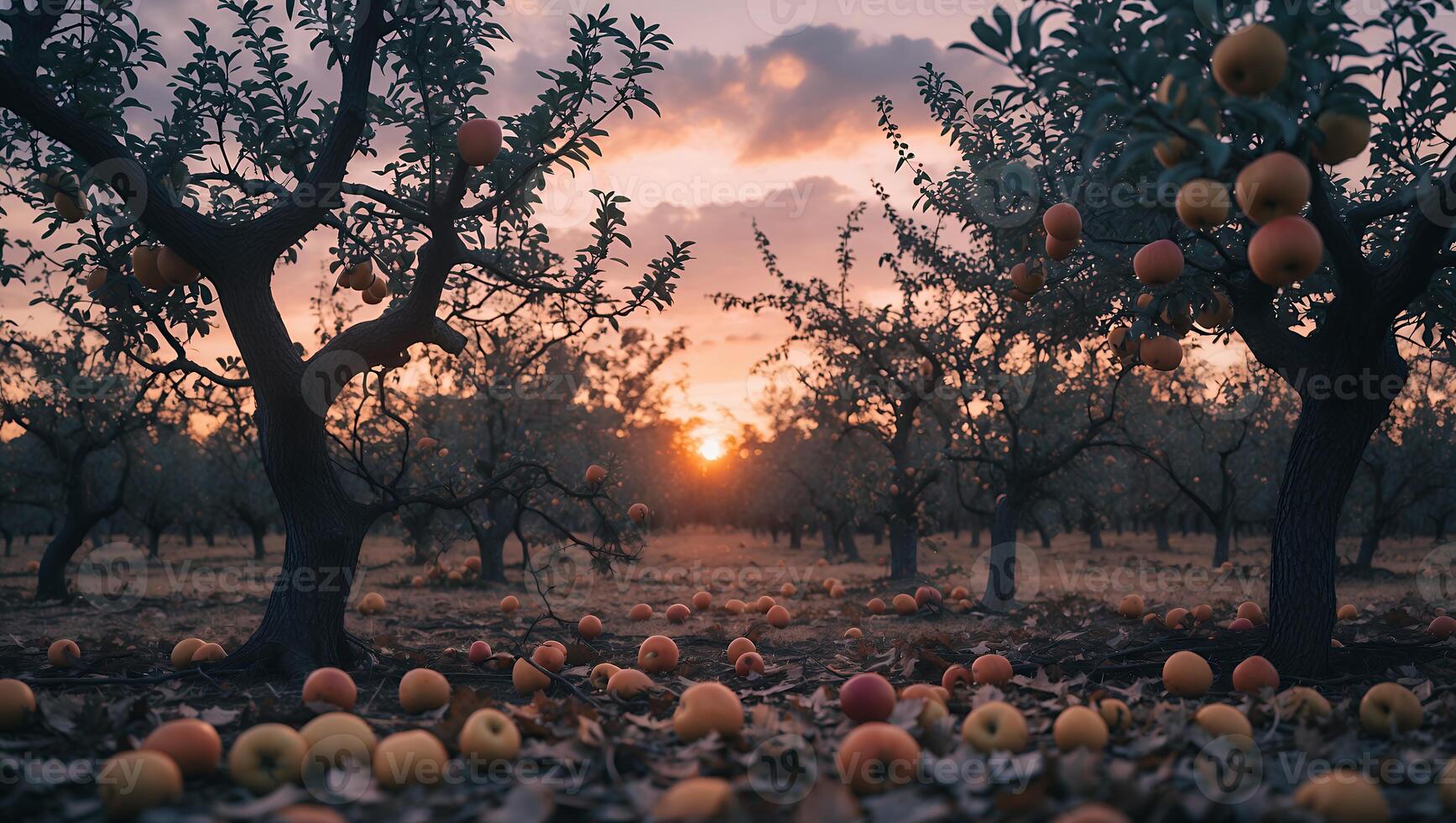 Apple Orchard at Sunset with Fruit on the Ground Scenery photo
