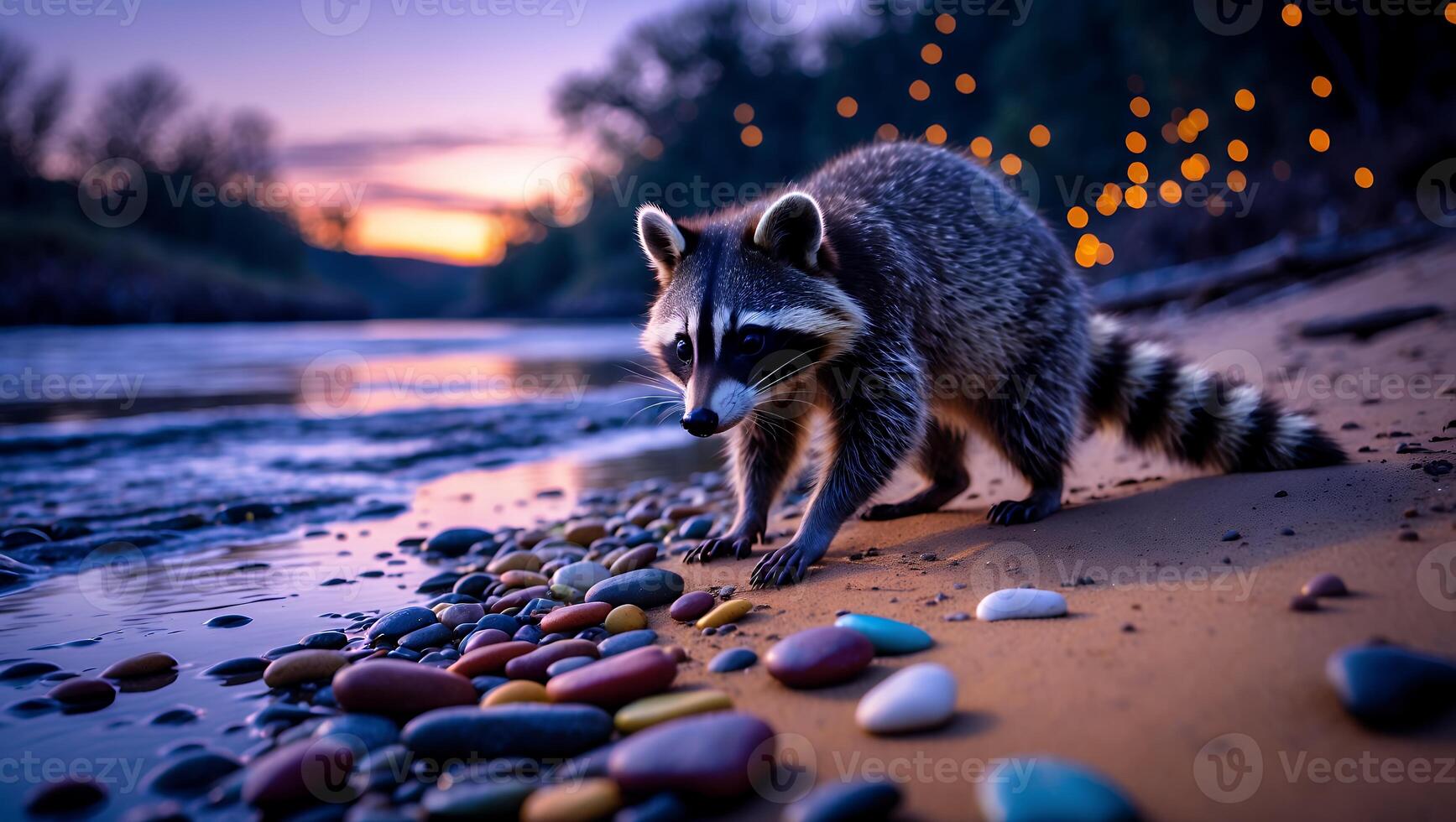 Raccoon Exploring Pebble Beach at Dusk with Colorful Sky photo
