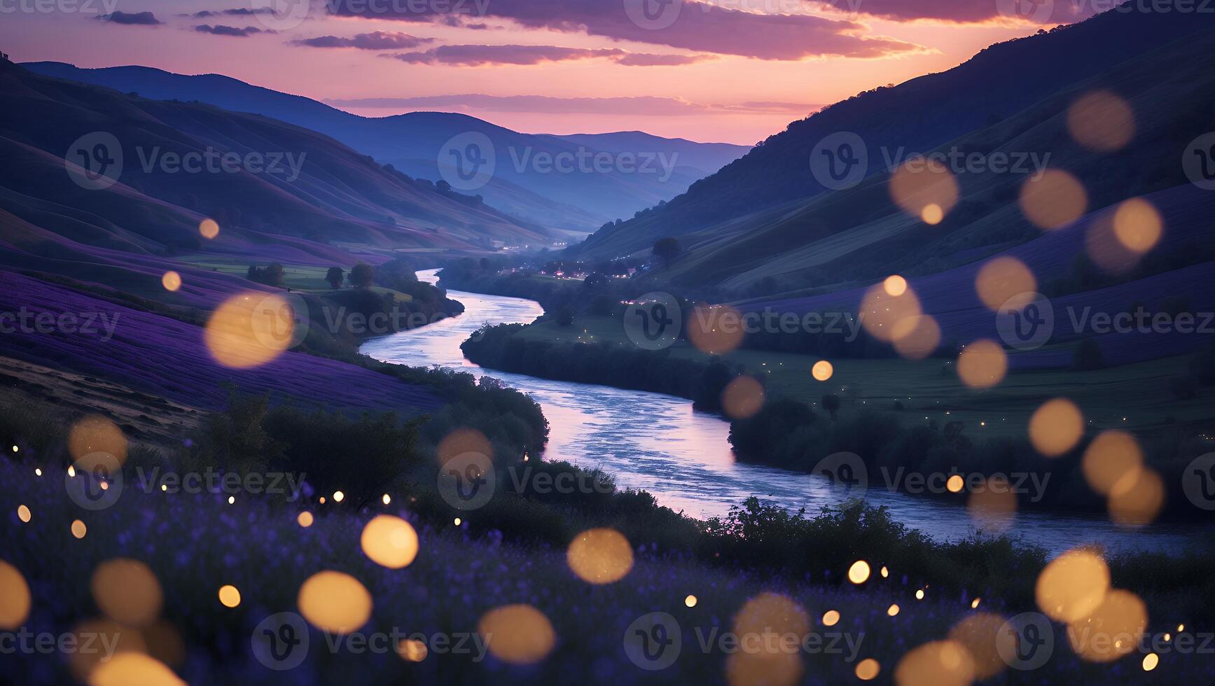 Scenic Valley River Flowing Through Lavender Fields at Dusk photo