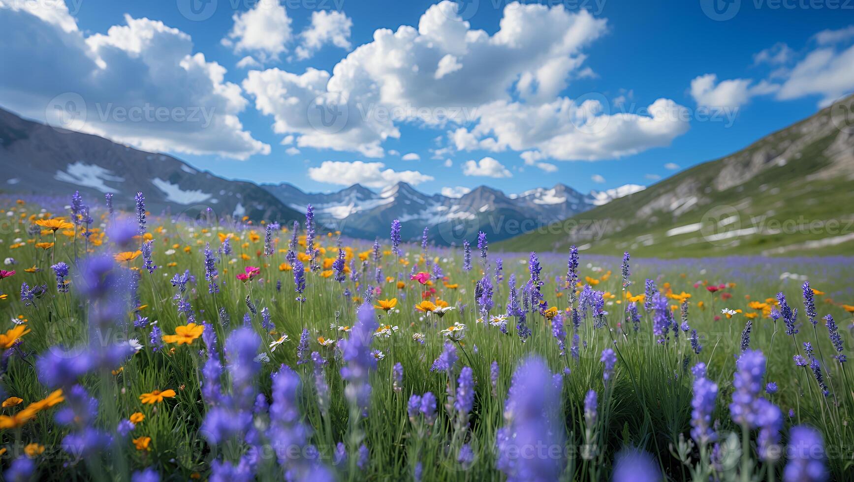Wildflower Meadow in Mountain Valley with Blue Sky and Clouds photo
