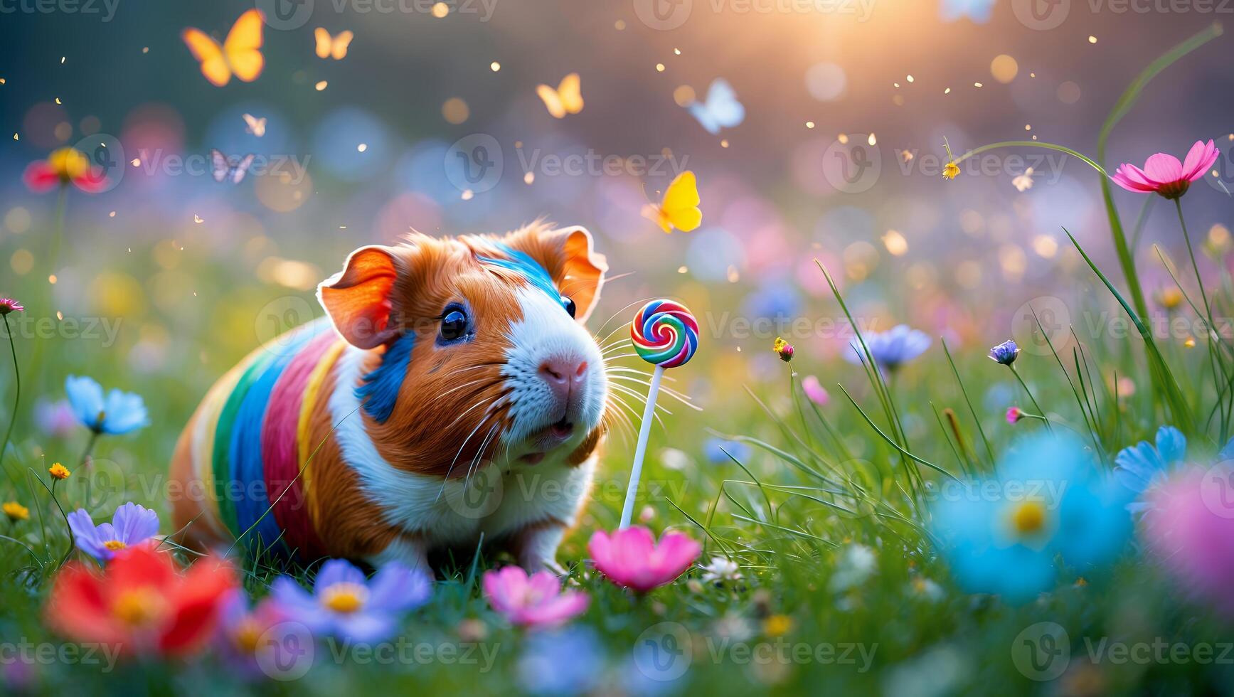 Guinea Pig Gazing at Lollipop in Flower Meadow with Butterflies photo