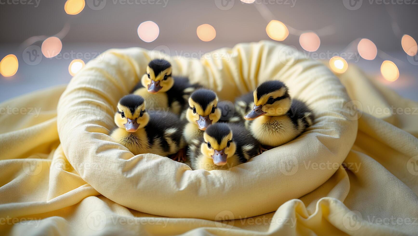 Ducklings Resting Together in Yellow Fabric with Glowing Light Backdrop photo