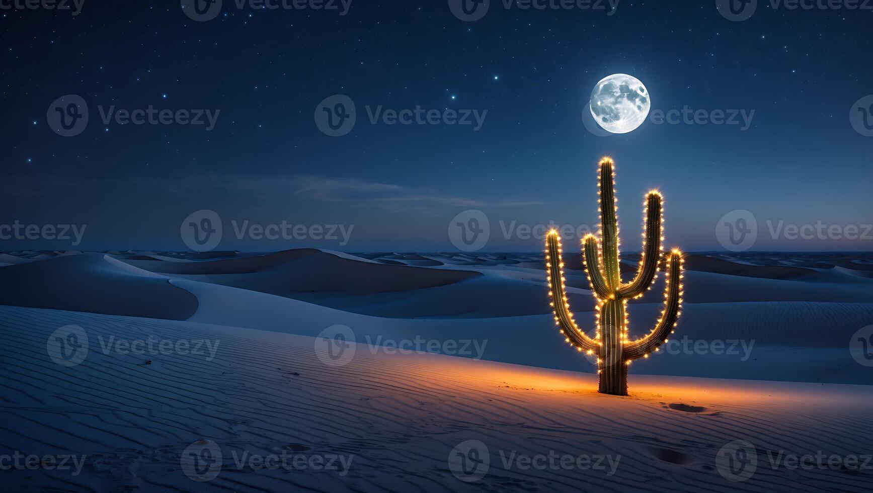 Glowing Cactus in Desert Landscape Under Moonlight and Starry Night photo